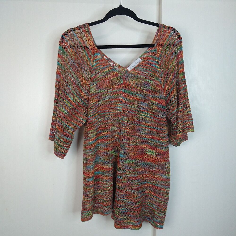 Fashion Avenue Open Knit Crochet V Neck Short Sleeve Cover-up Top Sz XL Rainbow